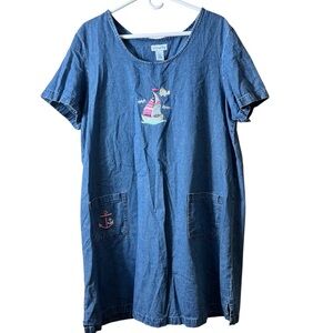 Vintage Denim‎ Dress XL Nautical Embroidered Sailboat Anchor Pockets Coastal
